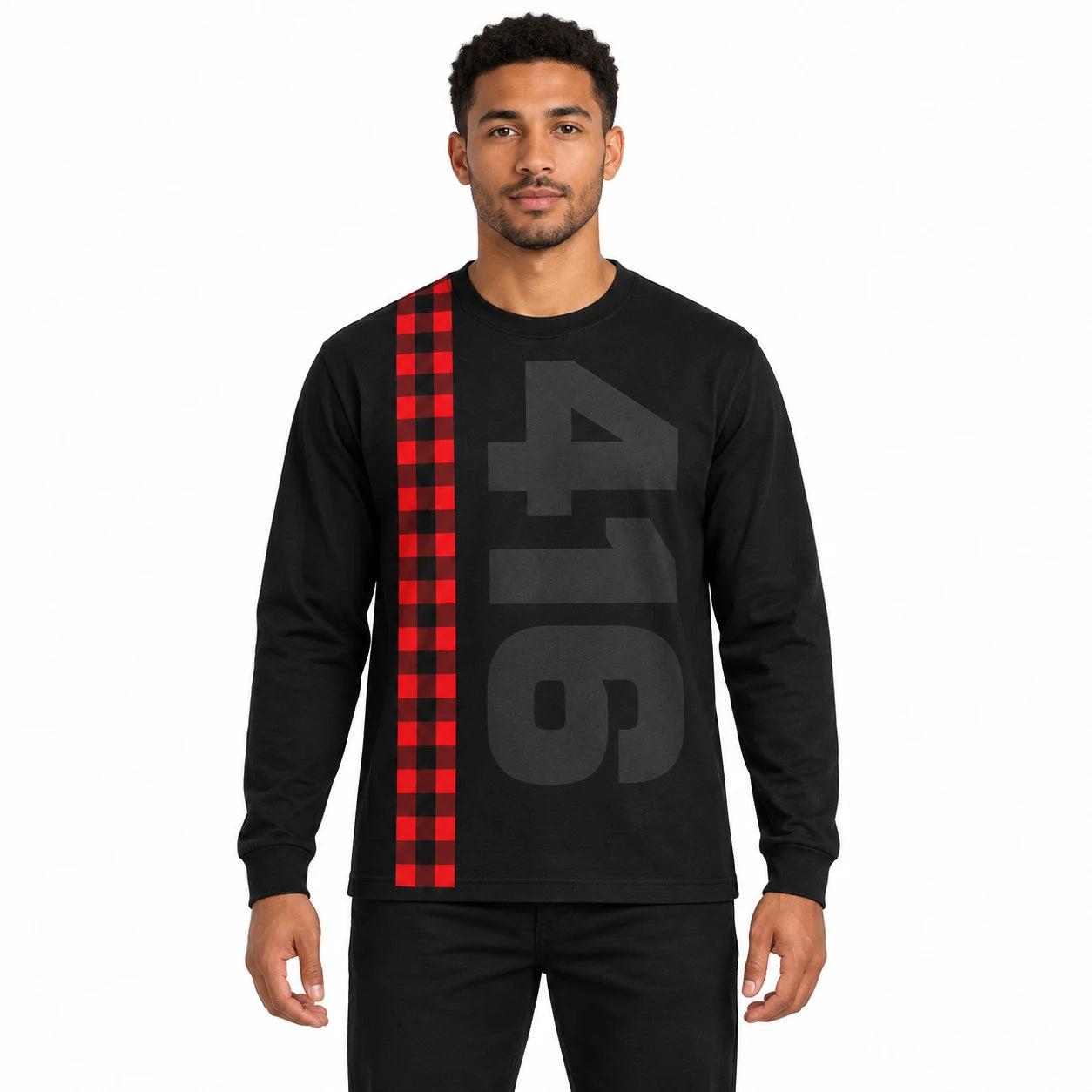 Long-sleeve 416 shirt with a red buffalo-plaid stripe, shown on a model